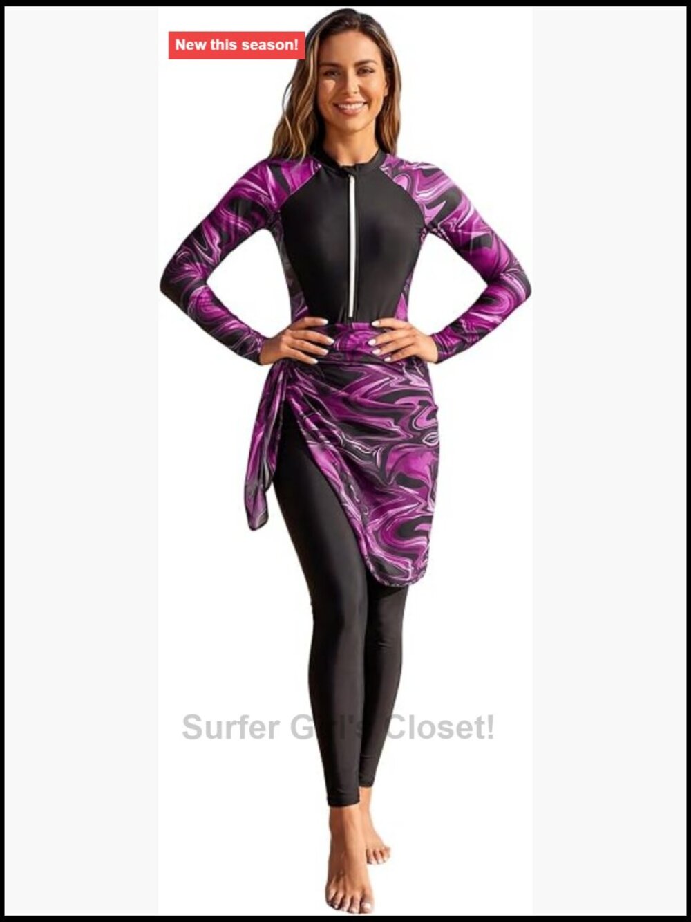 Women Modest Swimwear Long Sleeve Rash Guard Zip Front UPF 50